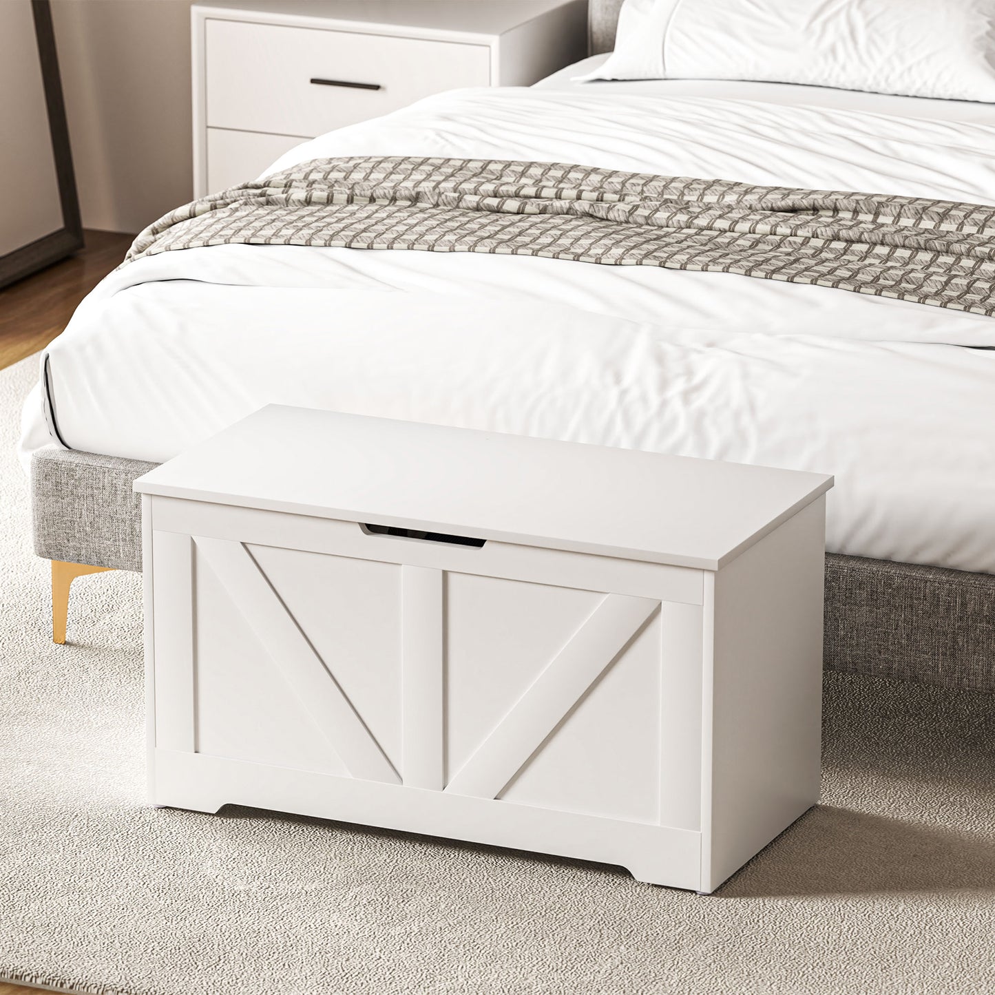 100L Storage Ottoman Chest with Safety Hinge – White Wood-Effect
