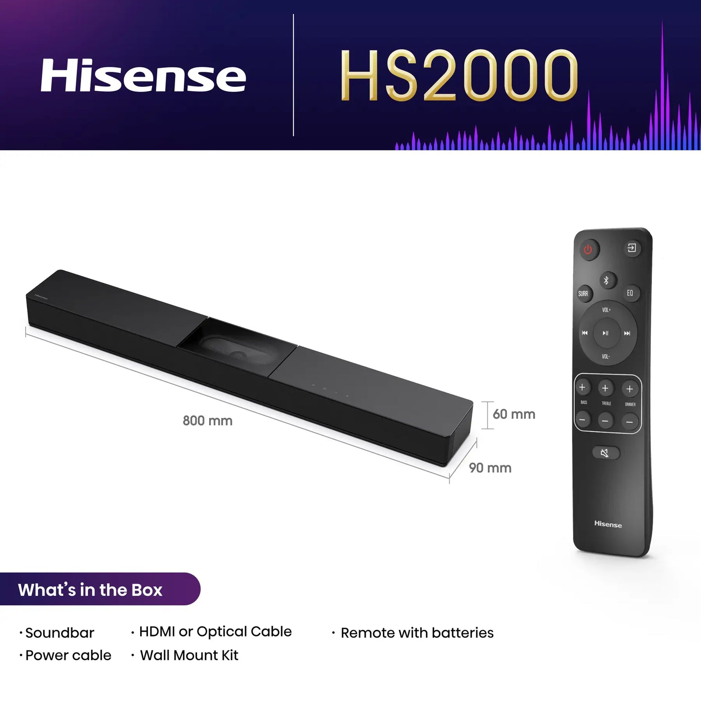2.1-Channel Soundbar with Built-in Subwoofer, HDMI ARC, Bluetooth 5.3