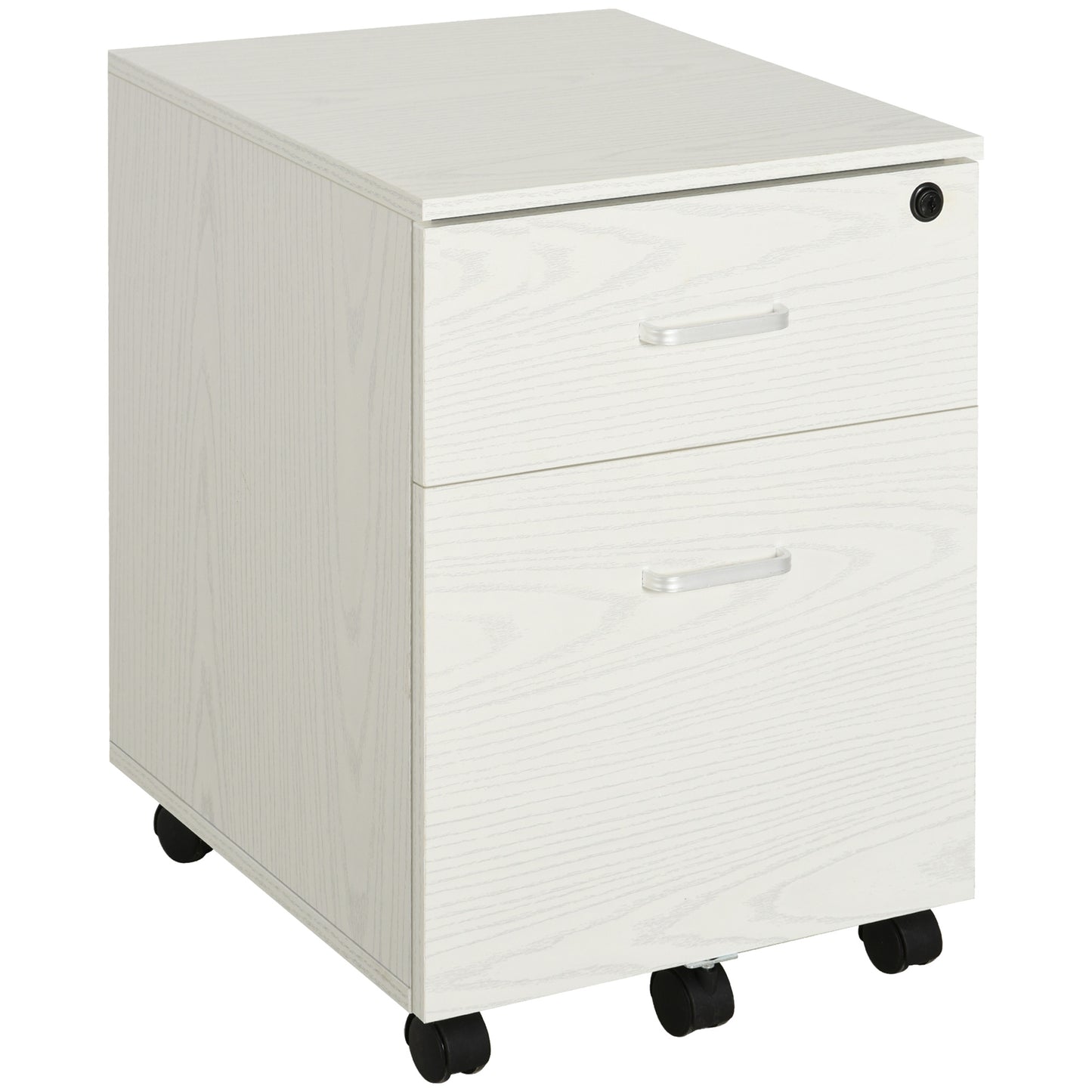 Lockable 2-Drawer Filing Cabinet on 5-Caster Wheels, White Wood Grain