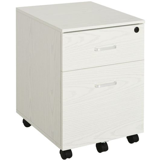 Lockable 2-Drawer Filing Cabinet on 5-Caster Wheels, White Wood Grain