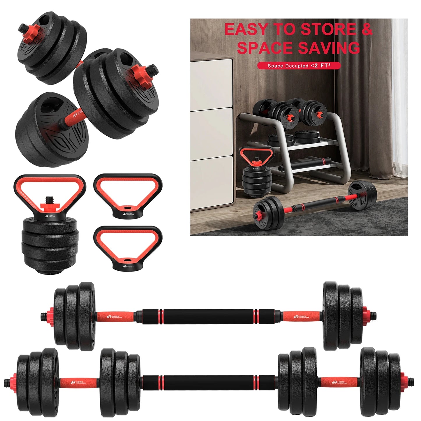 20kg 3-in-1 Dumbbell Set with Barbell Bar – Adjustable, Space-Saving