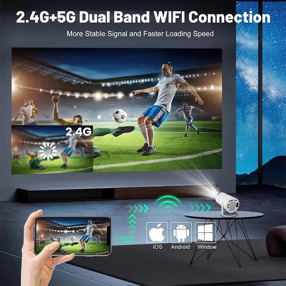 Portable Wi-Fi Projector with Android TV 11 – HD Wireless Home Cinema