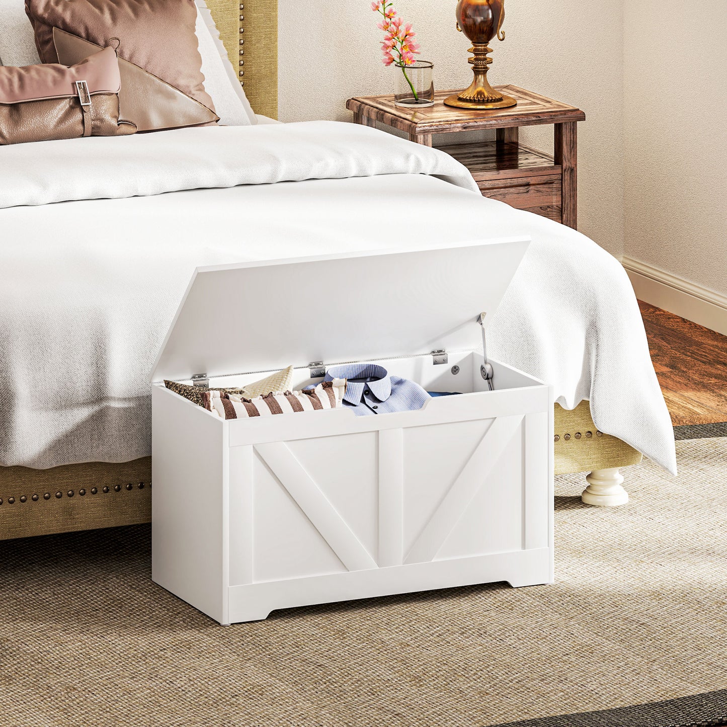 100L Storage Ottoman Chest with Safety Hinge – White Wood-Effect