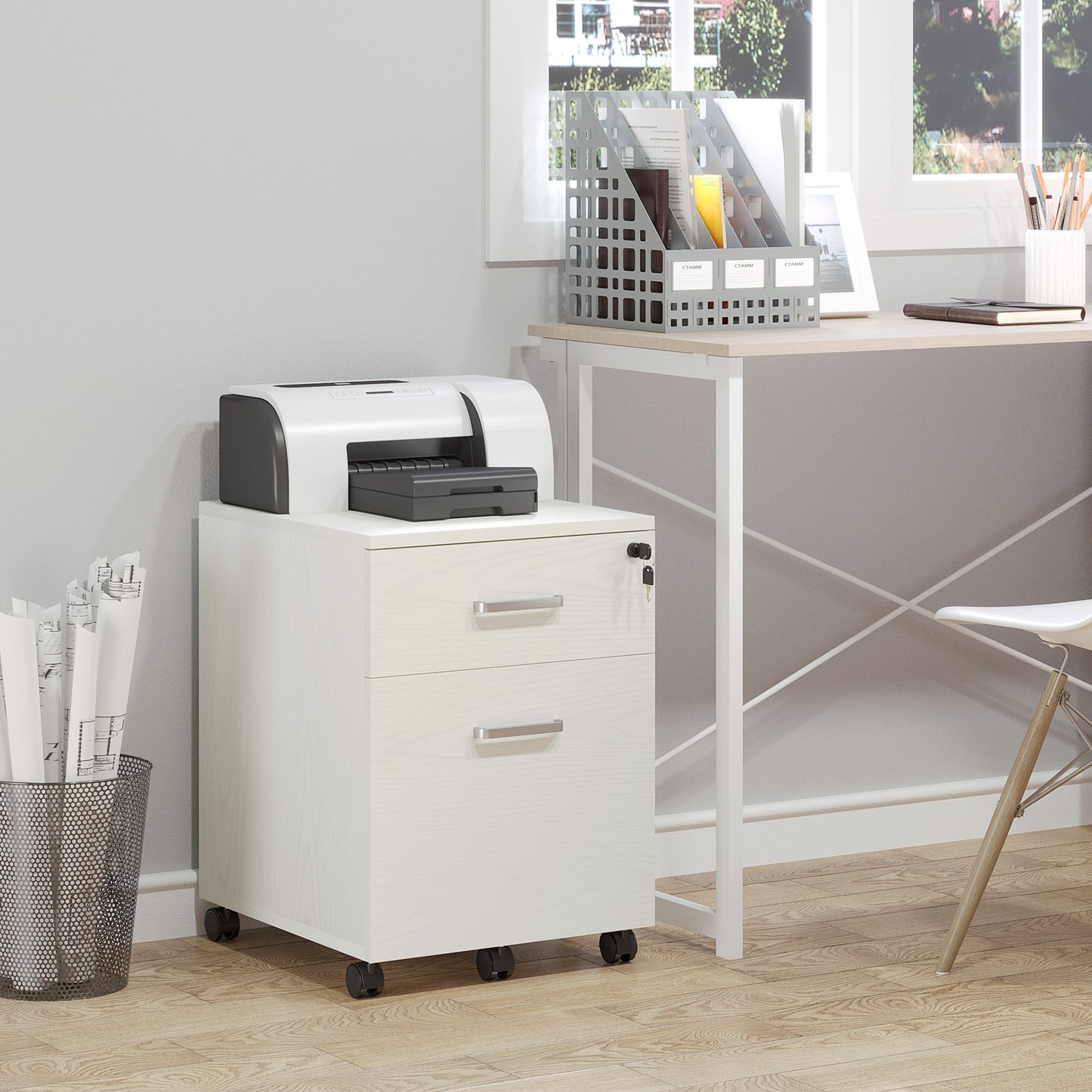 Lockable 2-Drawer Filing Cabinet on 5-Caster Wheels, White Wood Grain
