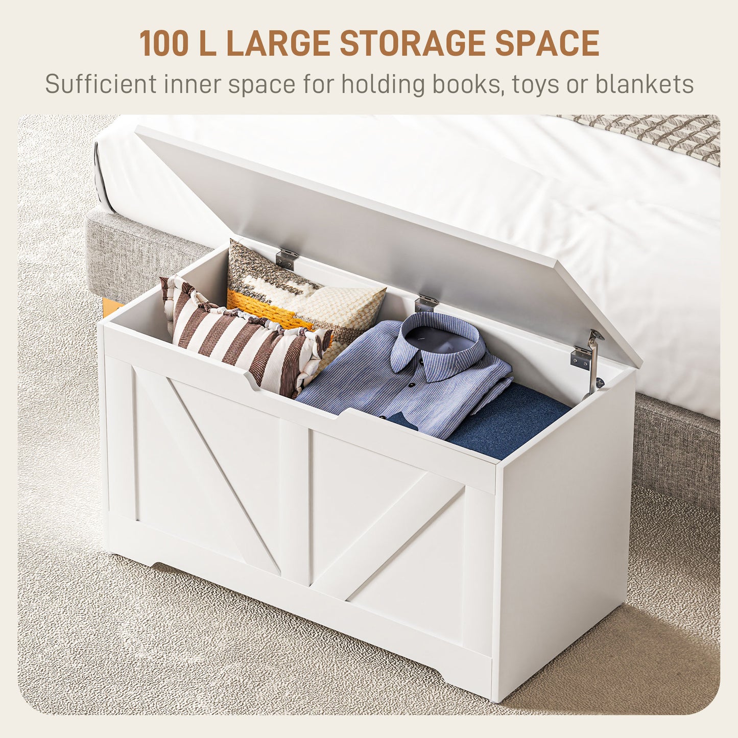 100L Storage Ottoman Chest with Safety Hinge – White Wood-Effect