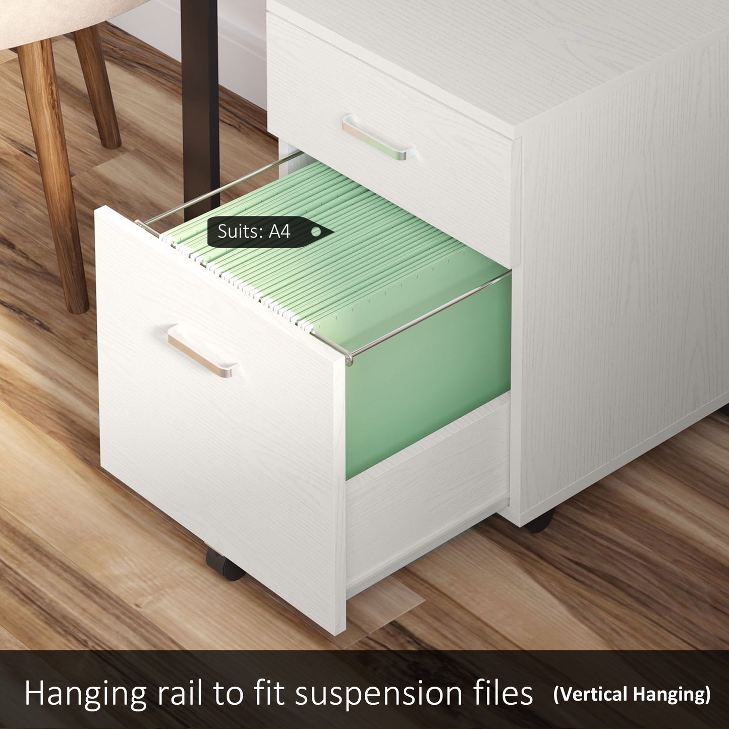 Lockable 2-Drawer Filing Cabinet on 5-Caster Wheels, White Wood Grain
