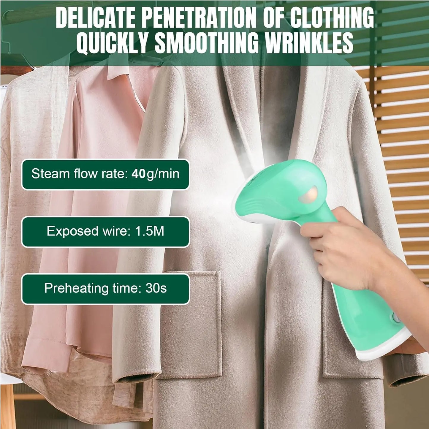 Handheld Clothes Steamer 1500W, 300ml Tank, 27g/min Steam, 30s Heat-Up