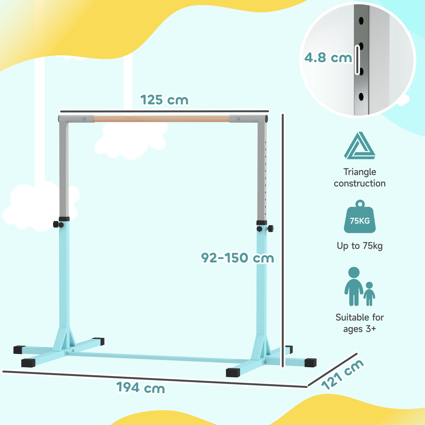 Height Adjustable Kids Gymnastics Bar – 13 Levels, 92–150 cm