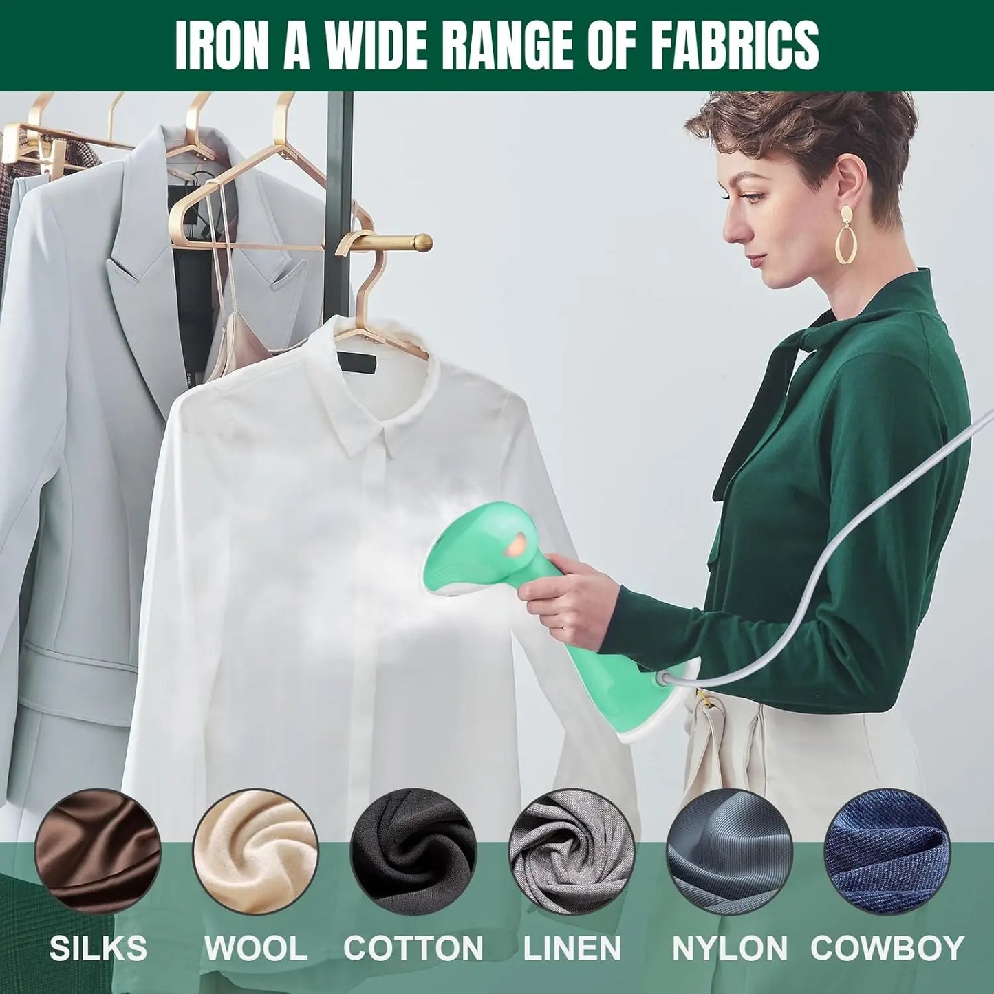 Handheld Clothes Steamer 1500W, 300ml Tank, 27g/min Steam, 30s Heat-Up