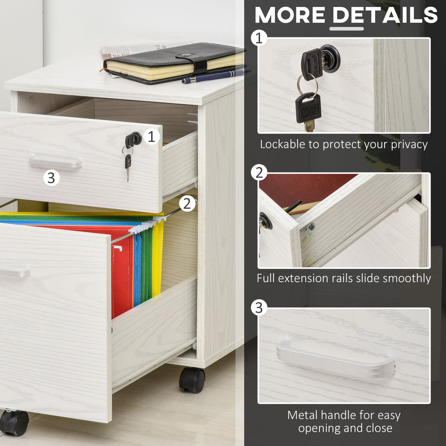Lockable 2-Drawer Filing Cabinet on 5-Caster Wheels, White Wood Grain