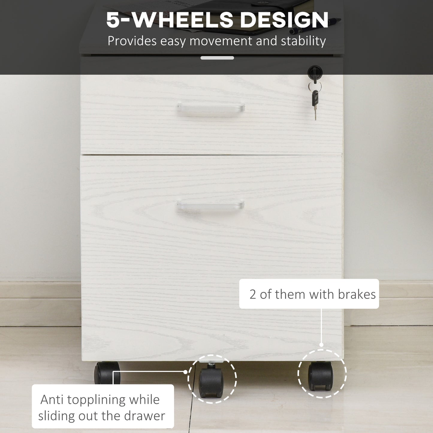 Lockable 2-Drawer Filing Cabinet on 5-Caster Wheels, White Wood Grain
