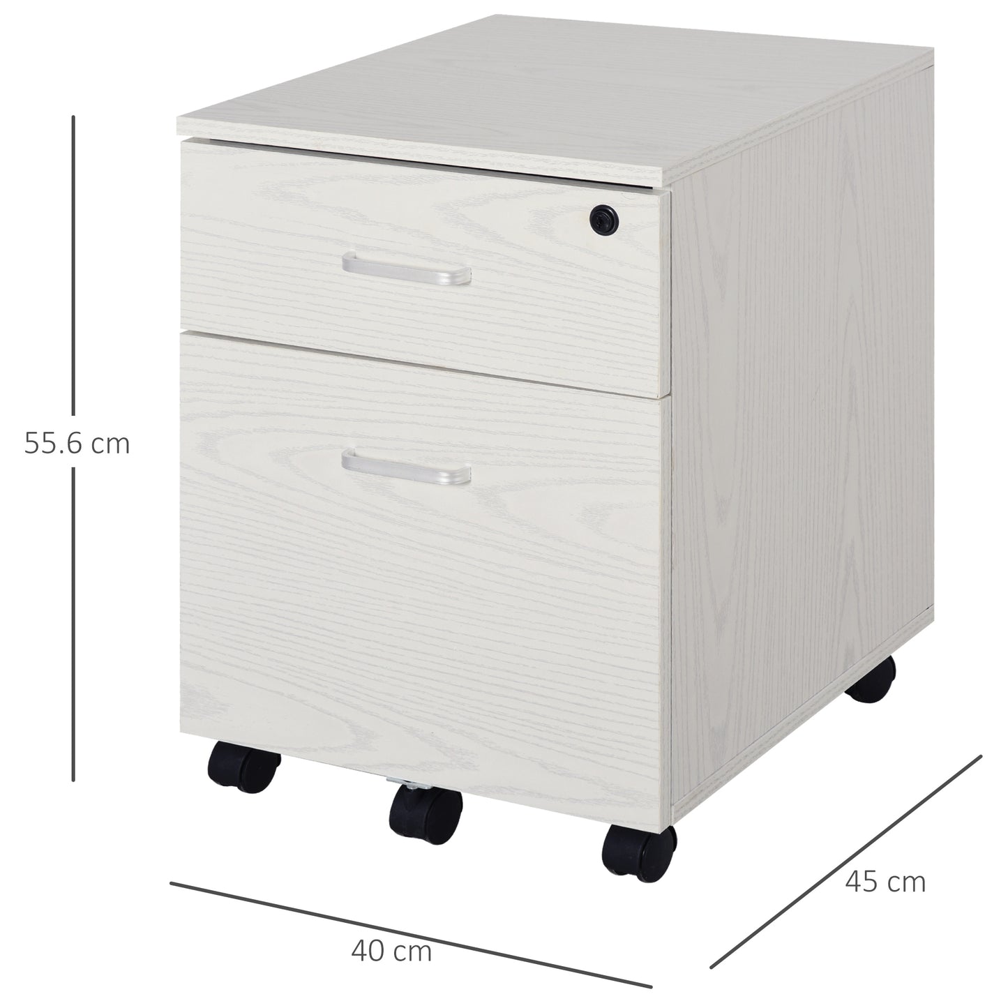 Lockable 2-Drawer Filing Cabinet on 5-Caster Wheels, White Wood Grain