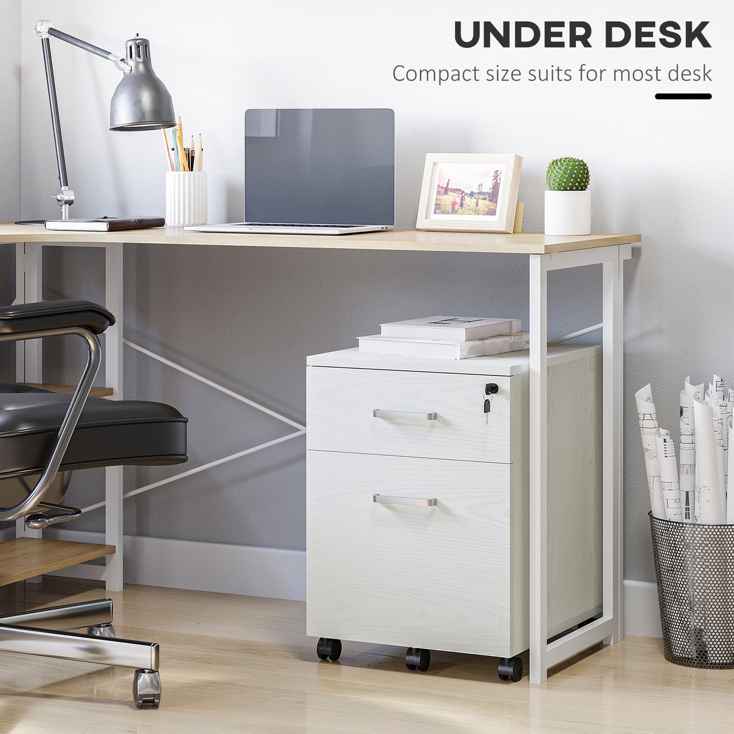 Lockable 2-Drawer Filing Cabinet on 5-Caster Wheels, White Wood Grain