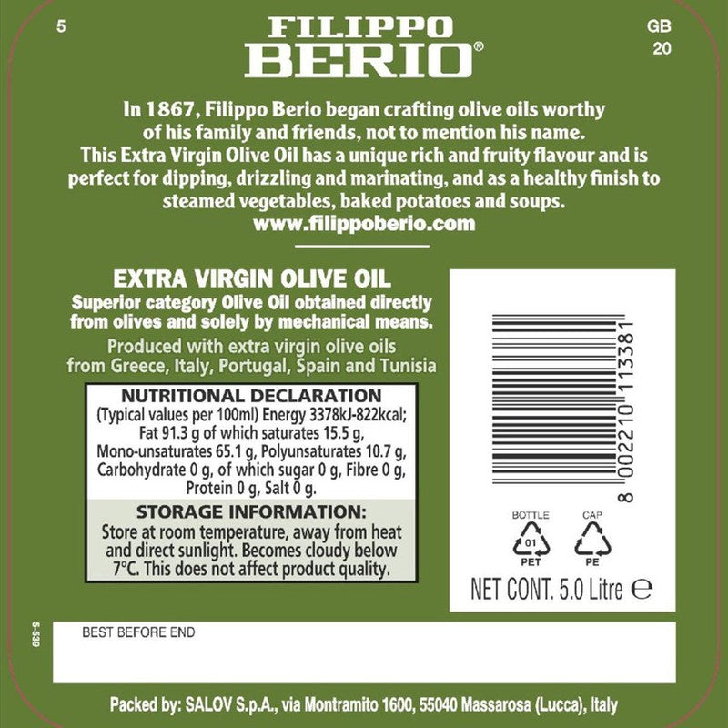 Filippo Berio Extra Virgin Olive Oil 5L - Rich Fruity Flavour Dressing Pack