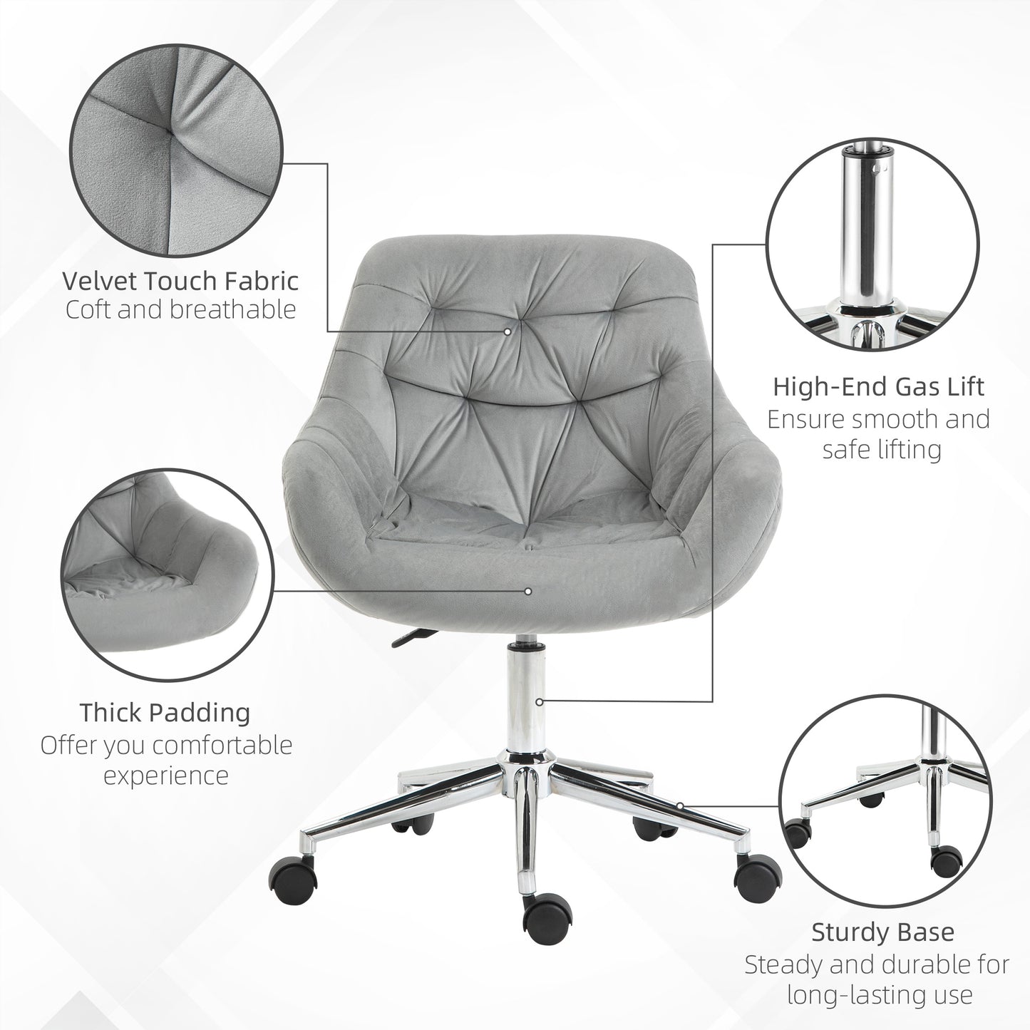 Velvet-Feel Office Chair with Adjustable Height – Grey