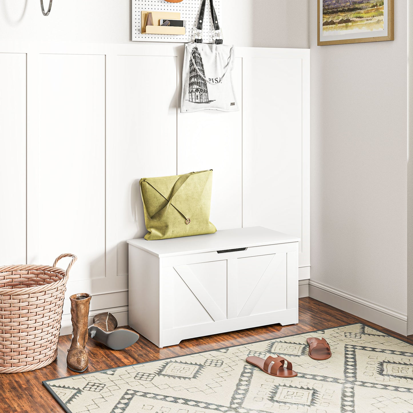 100L Storage Ottoman Chest with Safety Hinge – White Wood-Effect